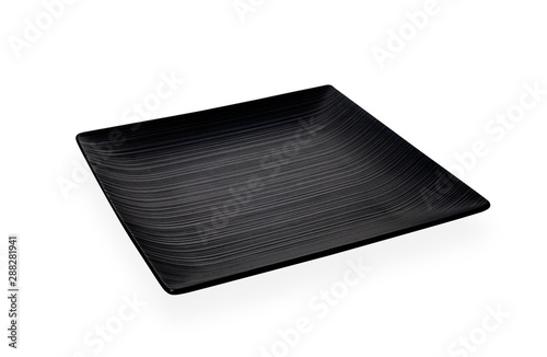 Square black plate, Empty dark black ceramic plate with stripe pattern isolated on white background with clipping path, Side view 
