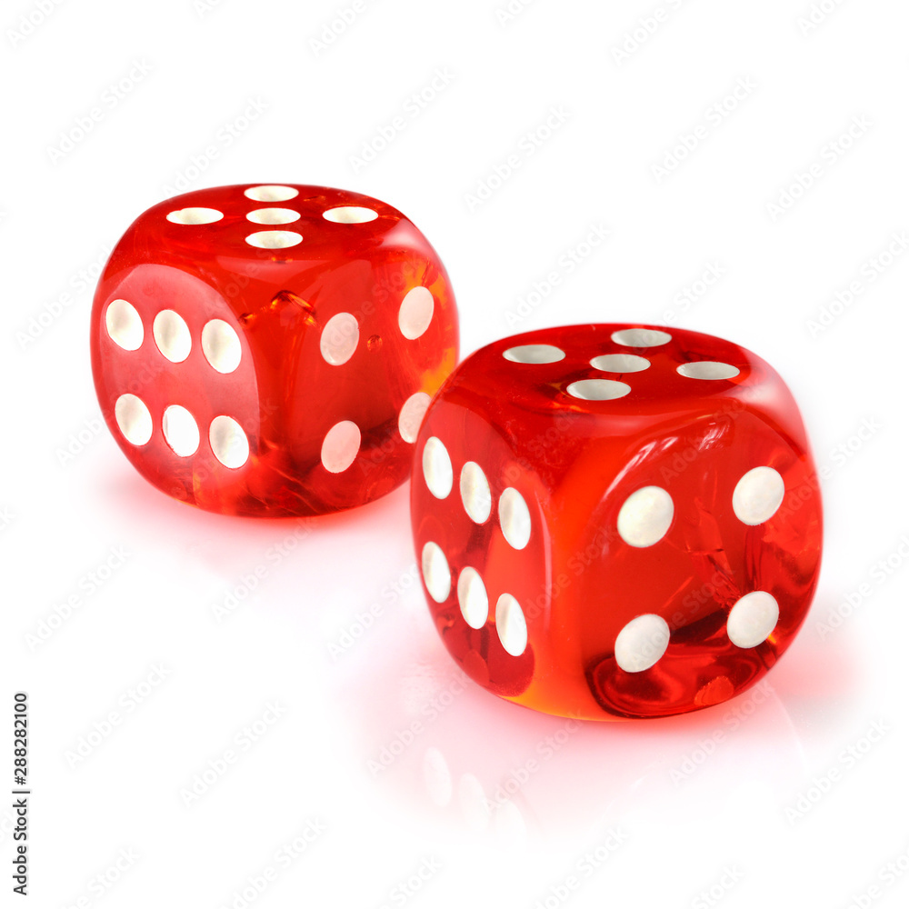 Red acrylic transparent dice for games. Two gambling translucent dices isolated on white background, macro close-up high resolution. Red acrylic transparent dice for games. Two gambling translucent dices isolated on white background, macro close-up high resolution.