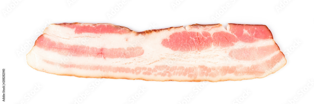 Rasher or sliced bacon ready for cooking. One piece of pork belly isolated on white background, close-up.