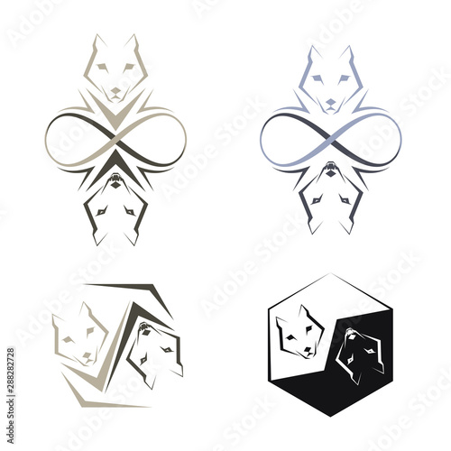 The fight between two wolves, black and white, evil and good. Tattoos, philosophy, the inner world. Yin yang hexagon icon