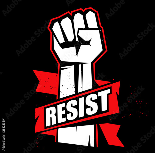 Fist male hand, resist symbol. Red fist emblem illustration on black background. Resist sign. Vector illustration.