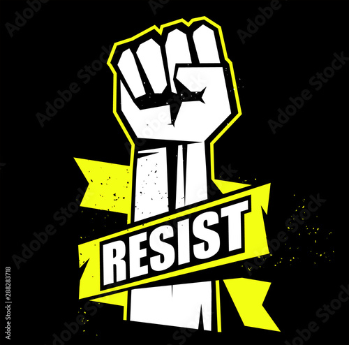 Fist male hand, resist symbol. Yellow fist emblem illustration on black background. Resist sign. Vector illustration.