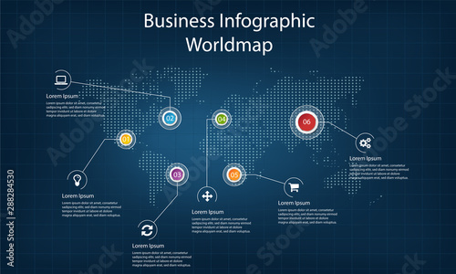 world map Infographic dark template with icons - world infographic - business infographic for presentations, websites, flyer, catalogues an booklets
