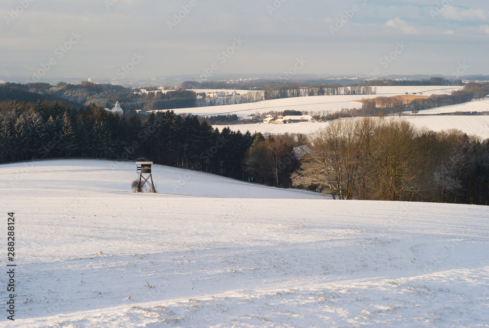 Romantic Winter Landscape with Snow, Patches of Trees and Farm Houses in Lower Austria