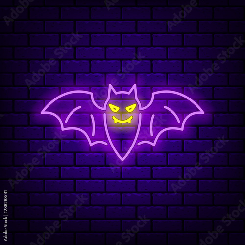 Neon bat icon on dark brick background.