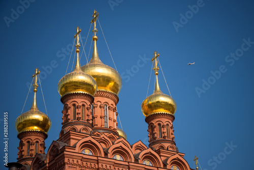 Domes of Chernigovsky cathedral of Chernigovsky skete is monastery as part of Holy Trinity Sergius Lavra in Sergiev Posad, Russia 