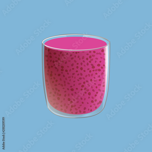 Chia seed pudding. Healthy vegan snack in glass. Vector illstration isolated on blue background.