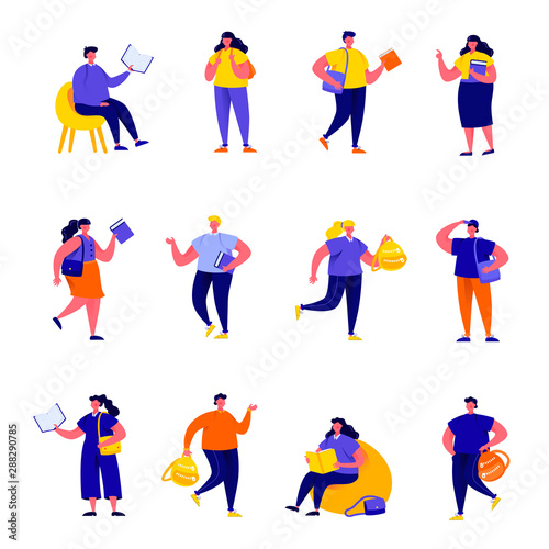 Set of flat people pupils, school children and students characters. Cartoon tiny people on street isolated on white background. Flat vector Illustration. Collection people characters. © alexdndz