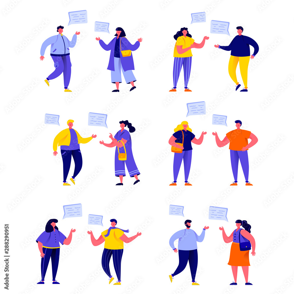 Set of flat people talking to each other with speech balloons characters. Cartoon tiny people on street isolated on white background. Flat vector Illustration. Collection people characters.