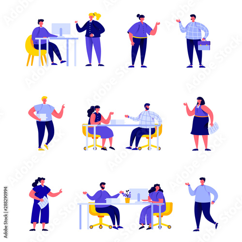 Set of flat people office workers or business meeting or brainstorming characters. Cartoon tiny people on street isolated on white background. Flat vector Illustration. Collection people characters.