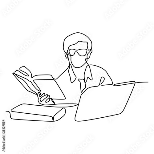 Continuous line drawing boy reading book vector illustration minimalist concept education back to schhol theme.