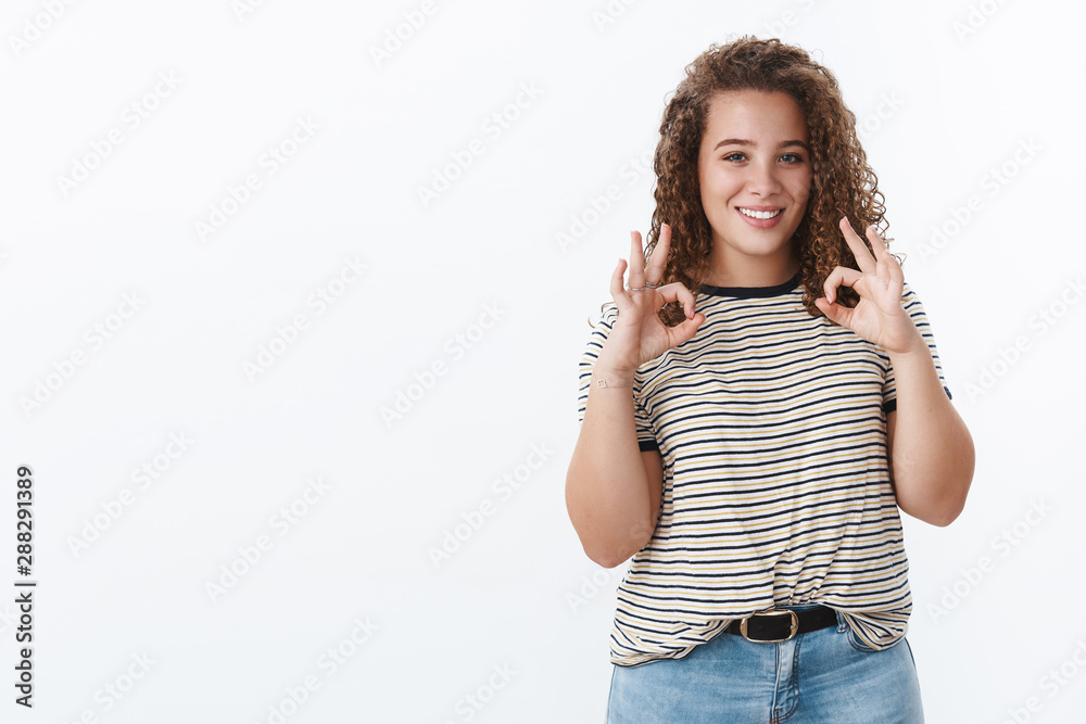 No worries count me. Confident assertive good-looking chubby european  curly-haired girl blue eyes show okay agree perfection gesture give ok  reply smiling satisfied, white background Stock Photo | Adobe Stock