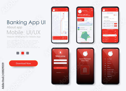 Banking App UI, UX, Kit for responsive mobile app or website with different GUI layout including Login. login and password input, home page, payment information, ratings and statistics.GPS.Vector flat