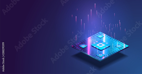 Futuristic microchip processor with lights on the blue background. Quantum computer, large data processing, database concept. CPU isometric banner. Central Computer Processors CPU concept.Digital chip photo