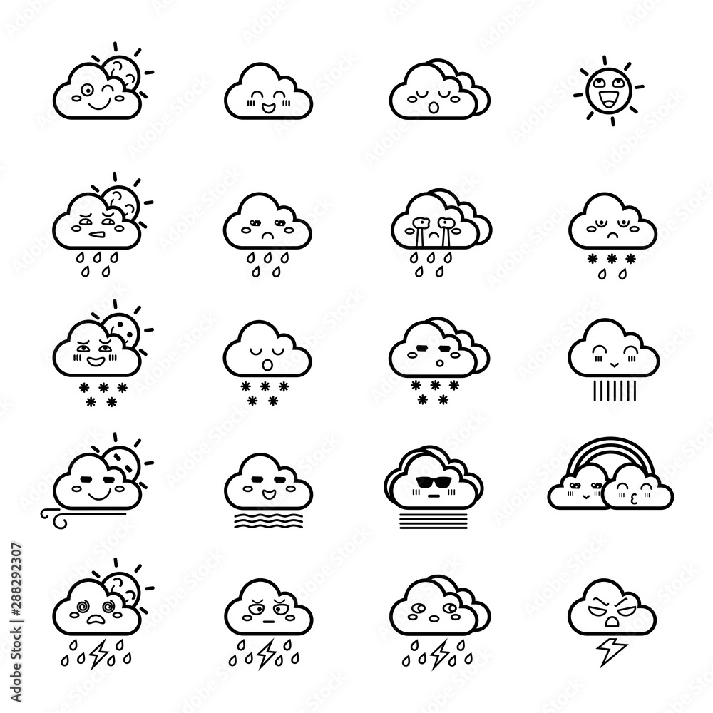 Cute emoticon icon of cloud icon, weather icons set Cute emoticon icon of cloud icon, weather icons set