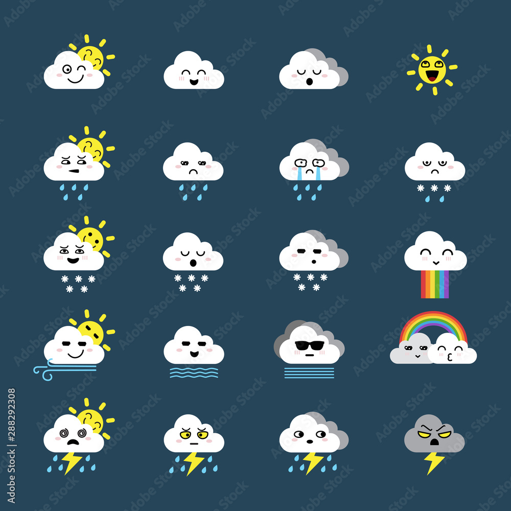 Cute emoticon icon of cloud icon, weather icons set Cute emoticon icon of cloud icon, weather icons set