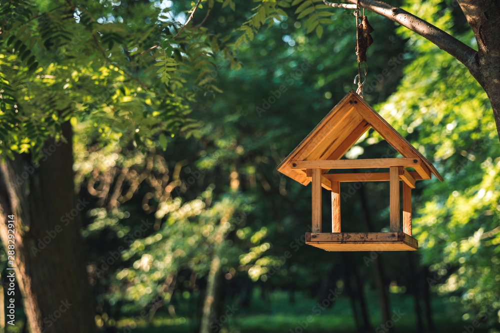bird feeder wooden object for seeds hanging on a tree branch on unfocused green natural park background, animal care concept picture bird feeder wooden object for seeds hanging on a tree branch on unfocused green natural park background, animal care concept picture