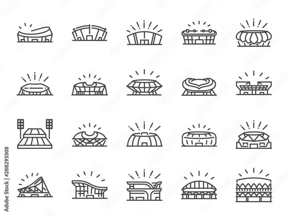Sports stadium line icon set. Included icons as football arena, colosseum, competition stadium and more. - obrazy, fototapety, plakaty 