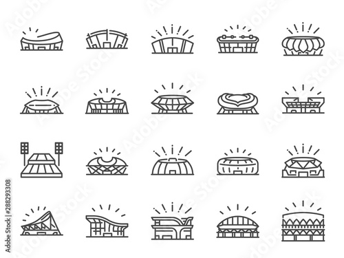 Sports stadium line icon set. Included icons as football arena, colosseum, competition stadium and more.