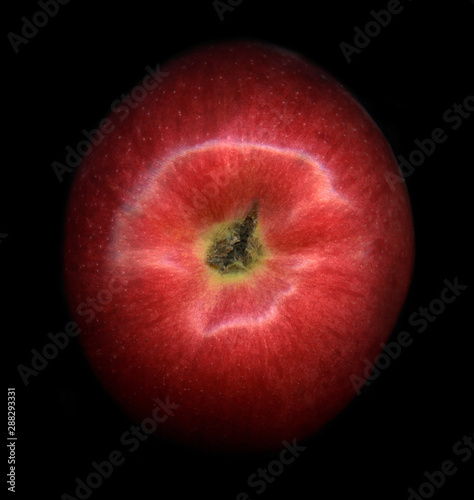 The top of a shiny apple on a black background