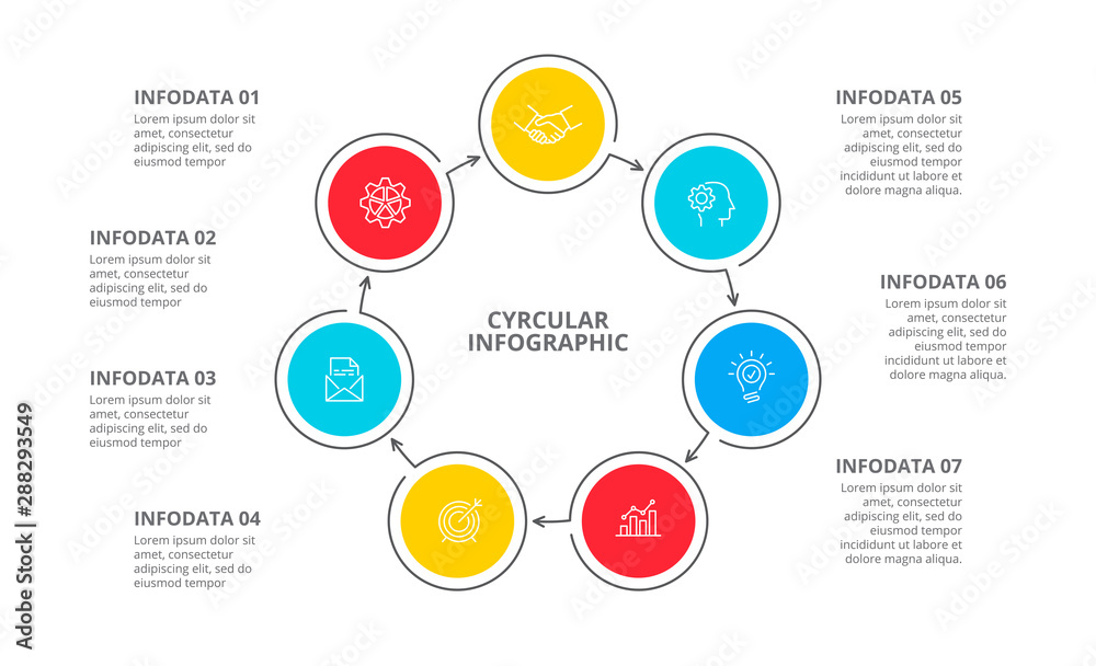 Cyclic diagram infographic with circles. Modern infographic design template with 7 options, steps or parts. Flat vector illustration for business presentation. Cyclic diagram infographic with circles. Modern infographic design template with 7 options, steps or parts. Flat vector illustration for business presentation.