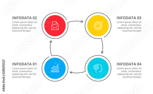 Cyclic diagram infographic with circles. Modern infographic design template with 4 options, steps or parts. Flat vector illustration for business presentation.