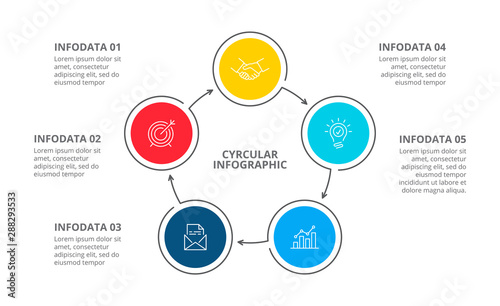 Cyclic diagram infographic with circles. Modern infographic design template with 5 options, steps or parts. Flat vector illustration for business presentation.