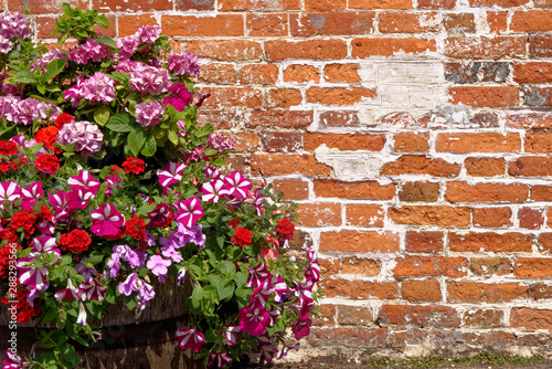 Vivtage brick wall texture background with flowers