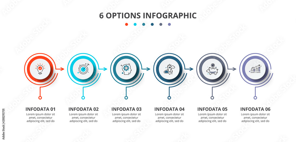 Fototapeta premium Infographic illustration with 6 steps or options. Thin color lines with white circles. Business template for presentation.