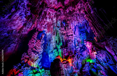 inside the Reed Flute Cave, a beautiful natural limestone cave in Guilin, Guangxi province of China