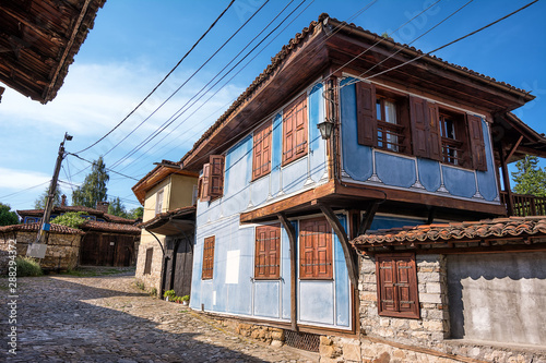 Glimpse of houses in the picturesque village of koprivshtitsa in Bulgaria