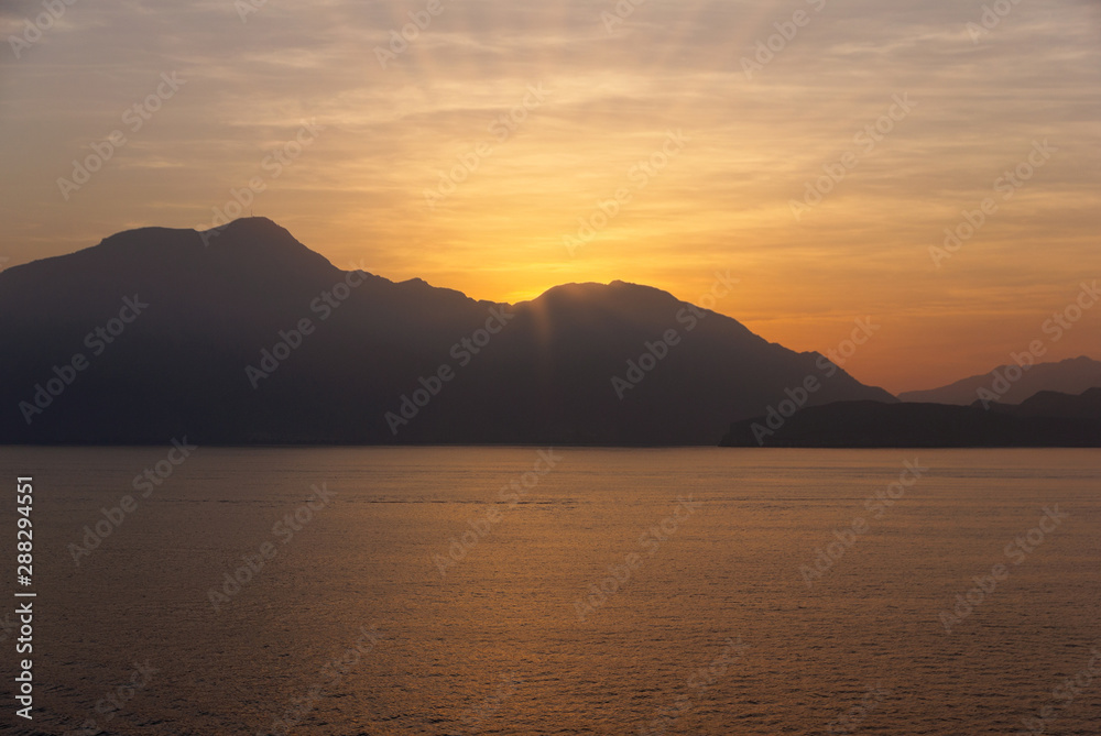 Oman fjords, mountain sunrise landscape, Muscat coast