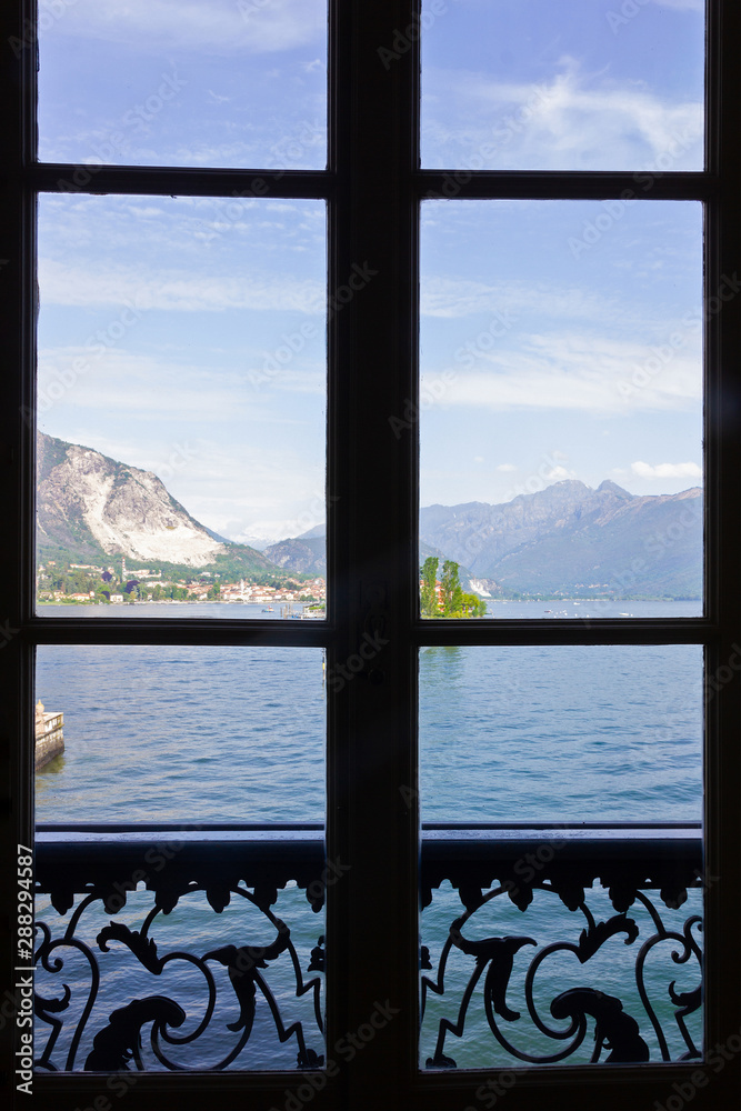 Balcony view on Lago Maggiore, Lombardy, Italy, Isola Bella island - Borromeo palace, Stresa Balcony view on Lago Maggiore, Lombardy, Italy, Isola Bella island - Borromeo palace, Stresa