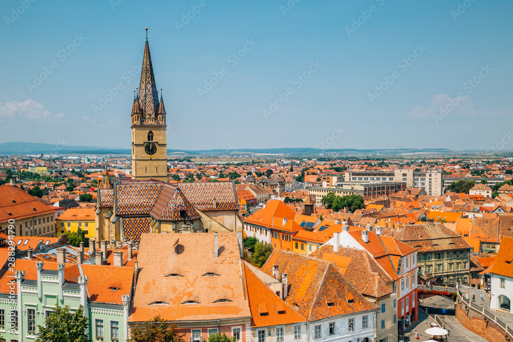 Lutheran cathedral of saint mary and old town from Council Tower in Sibiu, Romania