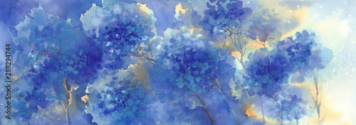 a bouquet of blue flowers, hydrangeas watercolor illustration. Autumn flowers