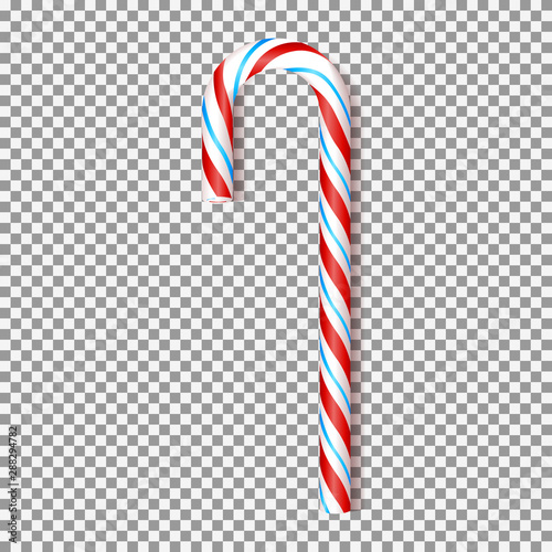 Red and blue Xmas candy cane isolated on transparent background. Vector illustration. Top view on realistic sweet icon. Template for Christmas and New Year greeting cards.