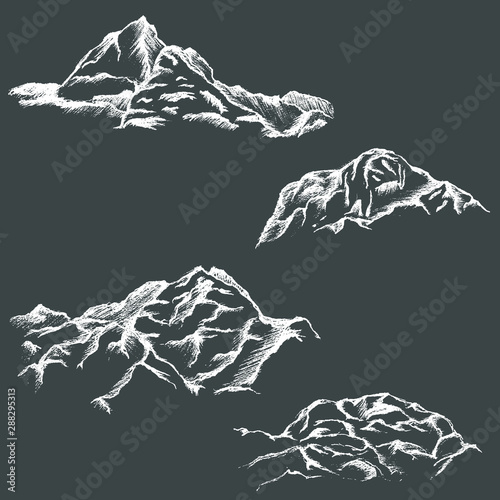 Mountain sketches vector set, hand drawn mountains pencil sketch.
