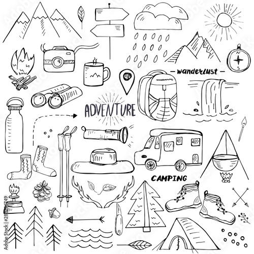 Hand drawn elements related to hiking, camping and travelling