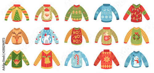 Cartoon christmas party jumpers. Xmas holidays ugly sweaters, knitted winter jumper and funny Santa sweater. Seasonal december 2020 holiday cozy clothing. Isolated vector icons set photo
