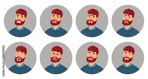 Male character facial emotions. Happy smiling man face, angry expression and different emotion faces. Men expressions avatar or emoticon portrait. Cartoon vector illustration isolated icons set