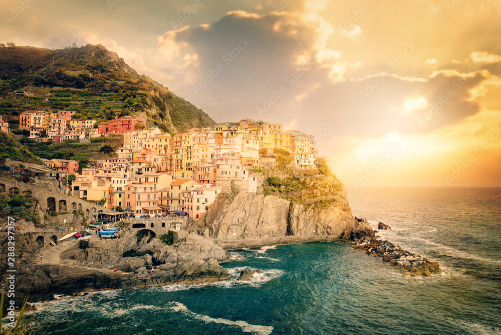 Sunset in Manarola, Cinque Terre, Italy - Colorful houses
