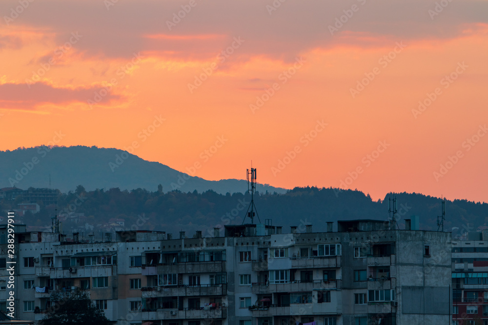 sunset over city