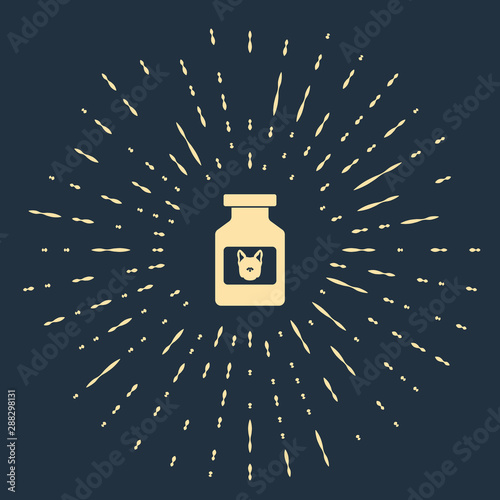 Beige Dog medicine bottle icon isolated on dark blue background. Container with pills. Prescription medicine for animal. Abstract circle random dots. Vector Illustration