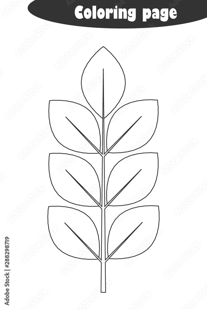 Branch with leaves in cartoon style, autumn black white coloring page, education paper game for the development of children, kids preschool activity, printable worksheet, vector illustration