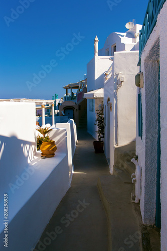 The white village of Thira in Santorini's island, Greece