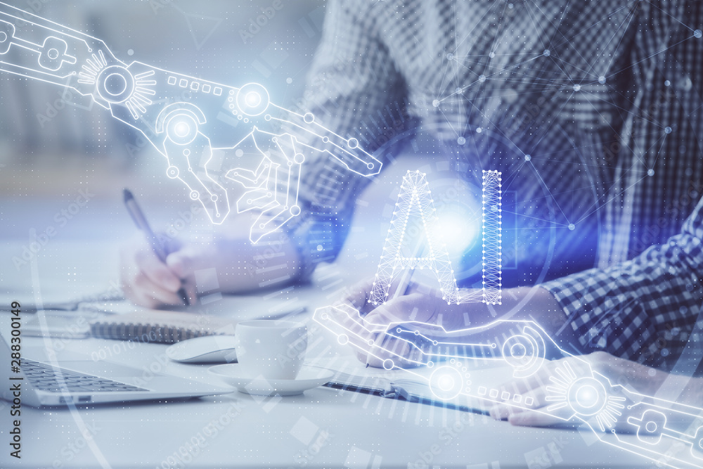 Businessman with computer background with technology theme hologram. Concept of hightech. Multi exposure. Businessman with computer background with technology theme hologram. Concept of hightech. Multi exposure.