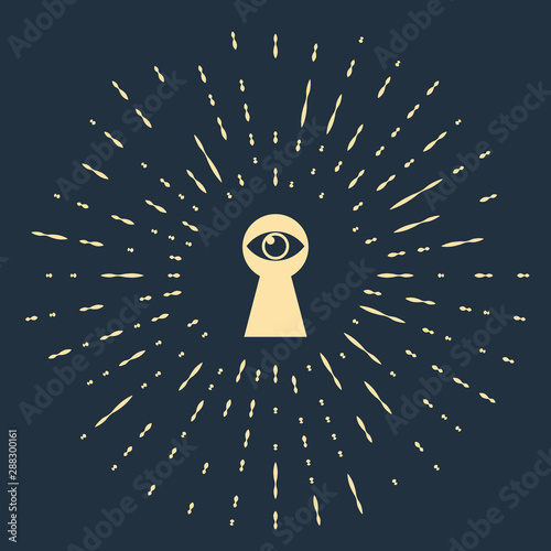 Beige Keyhole with eye icon isolated on dark blue background. The eye looks into the keyhole. Keyhole eye hole. Abstract circle random dots. Vector Illustration