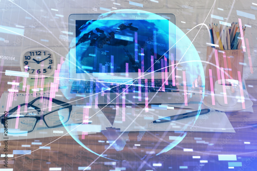 Multi exposure of forex chart and work space with computer. Concept of international online trading. Multi exposure of forex chart and work space with computer. Concept of international online trading.
