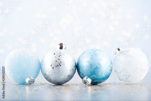 Christmas ball background. Greeting card decorations on a blue background.