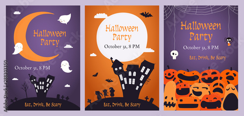 Set of Halloween party invitations with pumpkins, flying ghosts, spider webs, moon, kids in costumes, text. Hand drawn vector illustration. Design concept for banner, holiday background. Flat style.